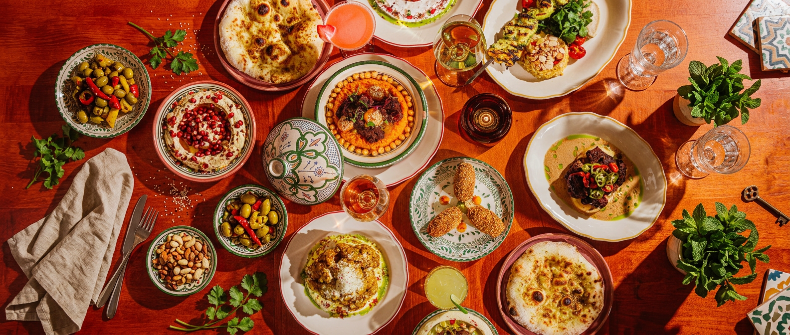 Overhead view of a Mediterranean spread on a terracotta table — tagine, flatbreads, herb-topped dips, grilled skewers, patterned ceramics, and cocktails in warm sunlight