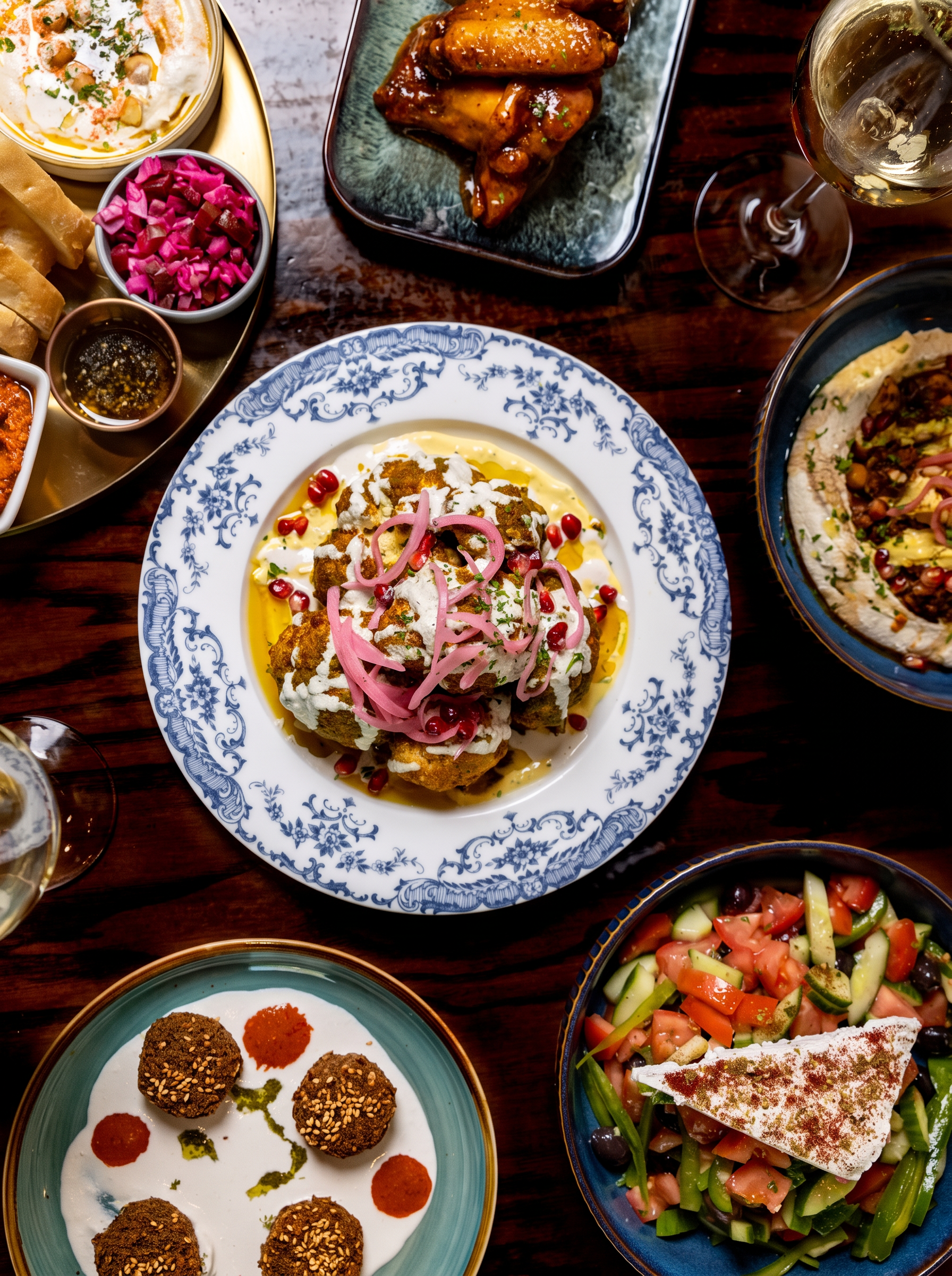 Overhead view of roasted cauliflower with tahini, pickled red onion, pomegranate and parsley on a blue and white floral plate, with falafel, Greek salad and two glasses of white wine on a dark wood table