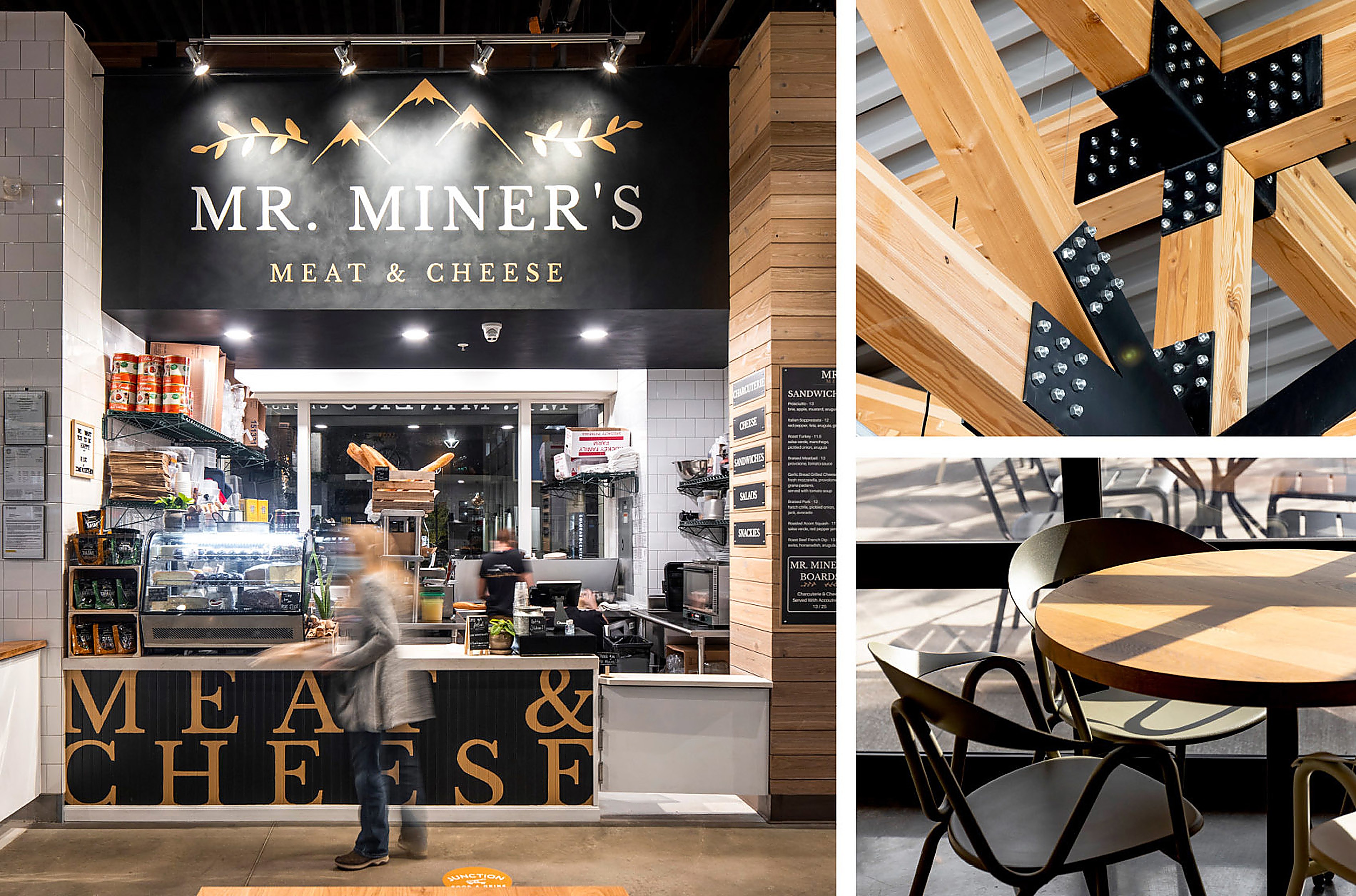 Three views of Junction — the Meat & Cheese counter with black menu boards in gold lettering and a refrigerated display case, exposed blonde timber roof trusses held with black steel plates, and a sunlit table with moulded chairs