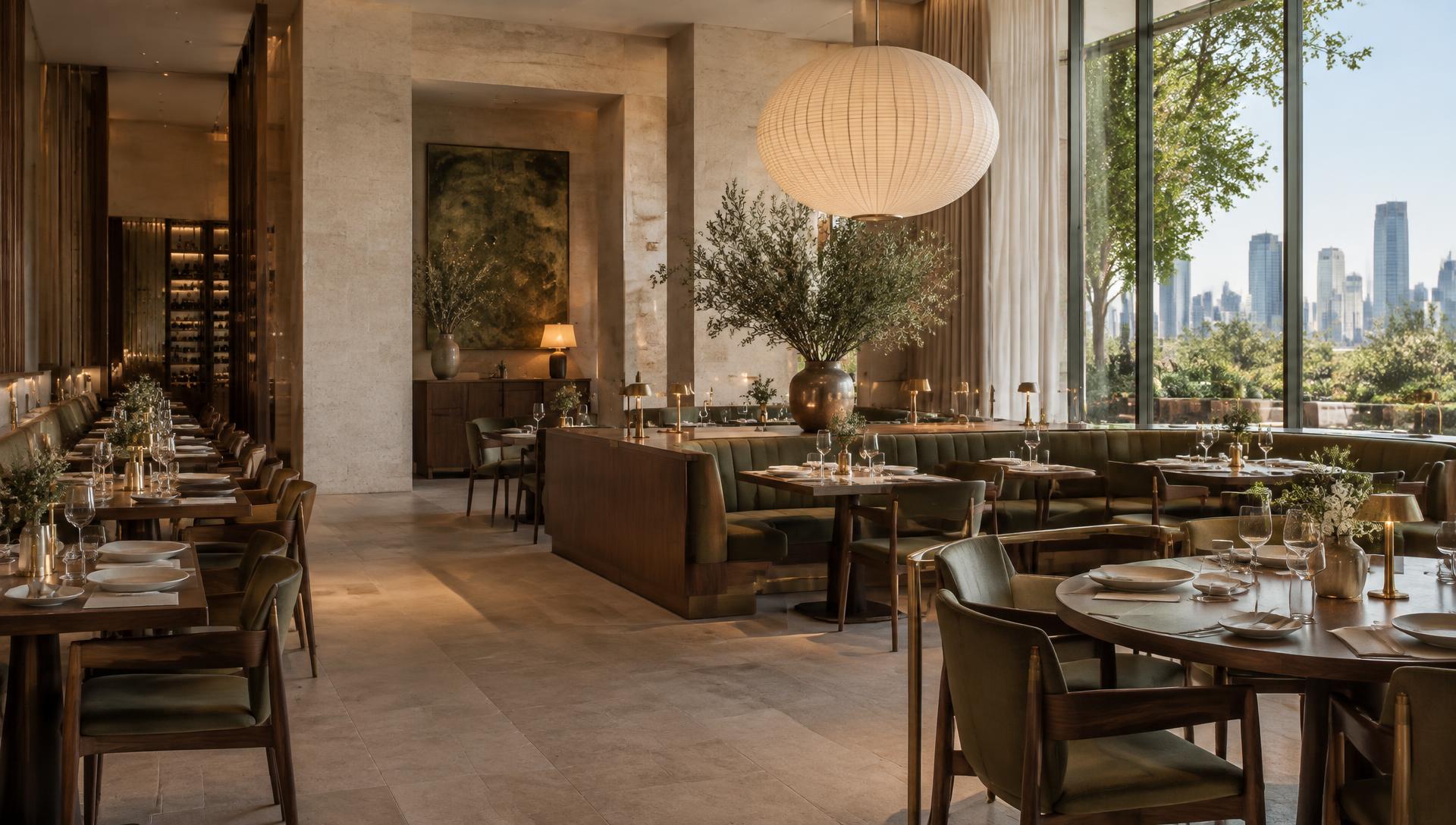 Sunlit restaurant interior with rich walnut furniture, olive banquettes, and natural stone