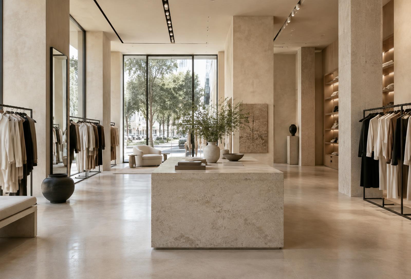 Retail concept with a limestone display counter and minimalist clothing rails